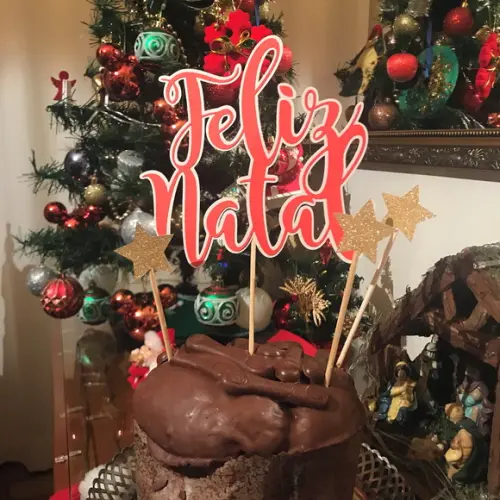 Topo de Bolo em Scrap com Estrelas Douradas Feliz Natal