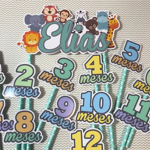 Kit Topos de Bolo Mesversário Bebê Personalizado Safari