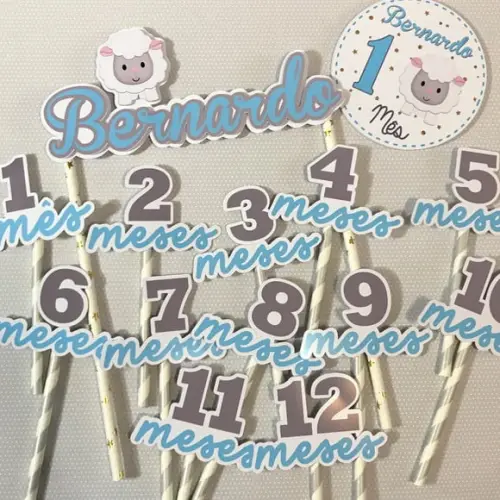 Kit Completo Mesversário Bebê com Topos de Bolo e Adesivos