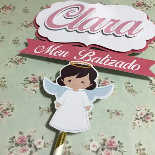 Topo de Bolo em Camadas de Papel Batizado Menina Anjinho