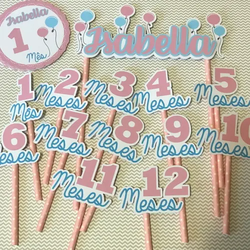 Kit Completo Mesversário Bebê com Topos de Bolo e Adesivos