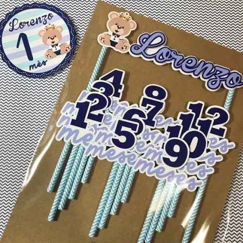 Kit Completo Mesversário Bebê com Topos de Bolo e Adesivos