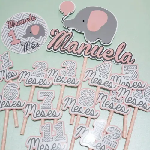 Kit Completo Mesversário Bebê com Topos de Bolo e Adesivos