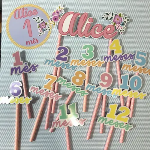 Kit Completo Mesversário Bebê com Topos de Bolo e Adesivos