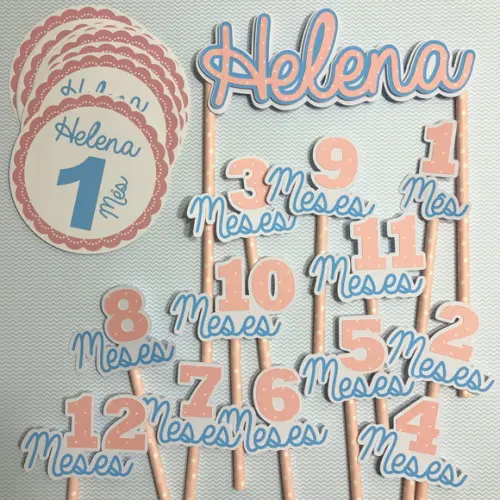 Kit Completo Mesversário Bebê com Topos de Bolo e Adesivos