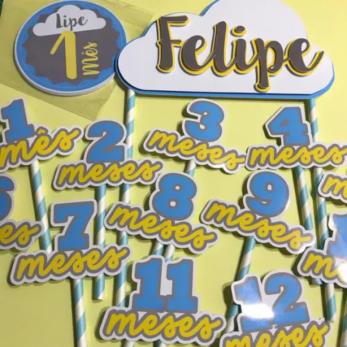 Kit Completo Mesversário Bebê com Topos de Bolo e Adesivos