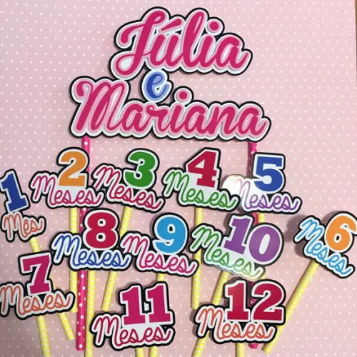 Kit Topos de Bolo Mesversário Gêmeas Personalizado com Nomes