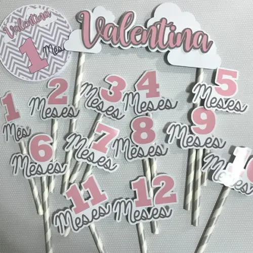 Kit Completo Mesversário Bebê com Topos de Bolo e Adesivos