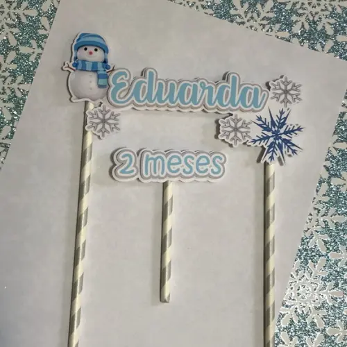 Topo de Bolo Mesversário Inverno Flocos de Neve