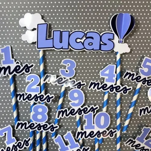 Kit Topos de Bolo Mesversário Bebê Personalizado Balão Azul