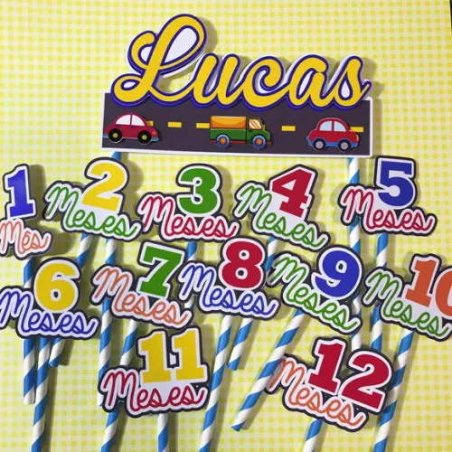Kit Topos de Bolo Mesversário Bebê Personalizado Carrinhos