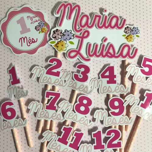 Kit Completo Mesversário Bebê com Topos de Bolo e Adesivos