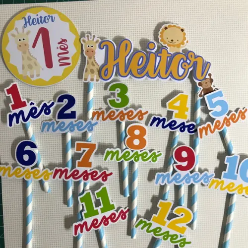Kit Completo Mesversário Bebê com Topos de Bolo e Adesivos