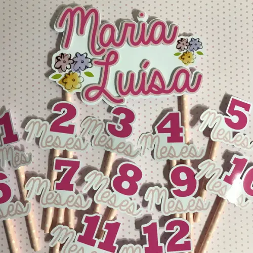 Kit Topos de Bolo Mesversário Bebê Personalizado Flores