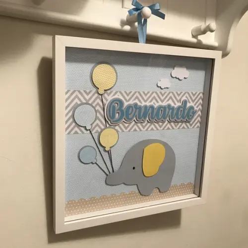Quadro Porta Maternidade Elefante Azul e Amarelo (20x20cm)