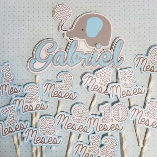 Kit Topos de Bolo Mesversário Bebê Personalizado Elefantinho