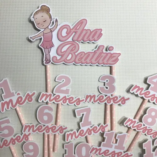 Kit Topos de Bolo Mesversário Bebê Personalizado Bailarina
