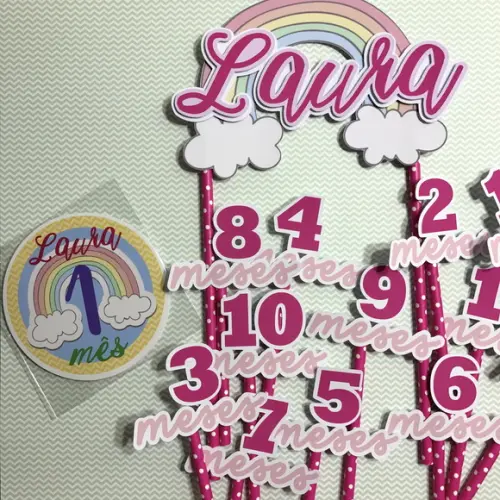 Kit Completo Mesversário Bebê com Topos de Bolo e Adesivos