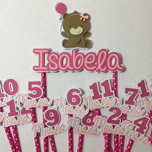 Kit Topos de Bolo Mesversário Bebê Personalizado Ursinha