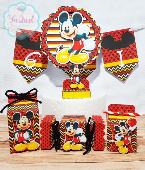 Kit Caixinhas Mickey + 1 topo bolo + bandeirola