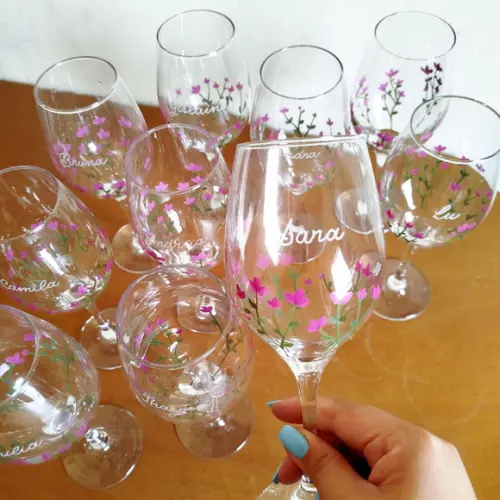 3 Taças Vinho Pintada Flores + Gravação de Nome