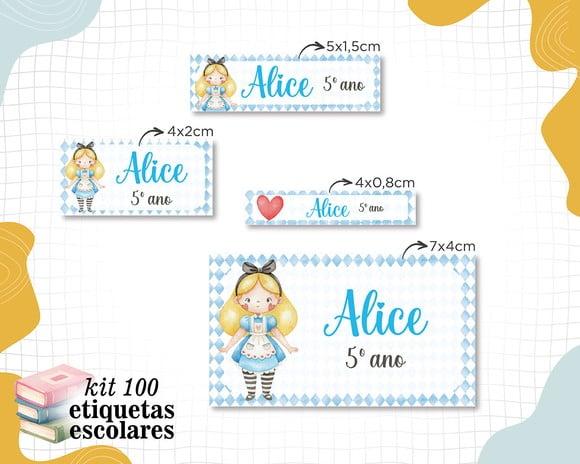 Kit 100 Etiquetas Escolares Personalizadas - Alice Aquarela