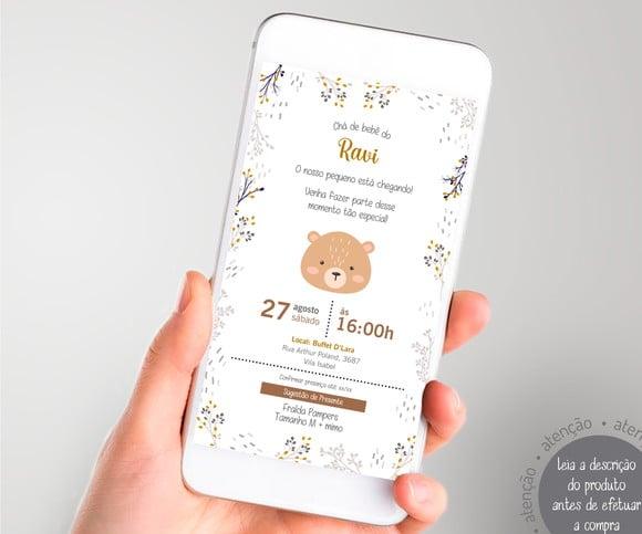 Convite Digital Chá de Bebê Ursinho Clean - Unissex