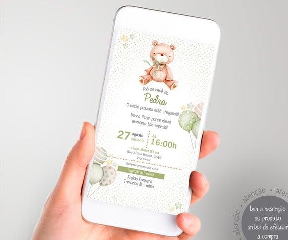 Convite Digital Chá de Bebê Ursinho Balões - Verde