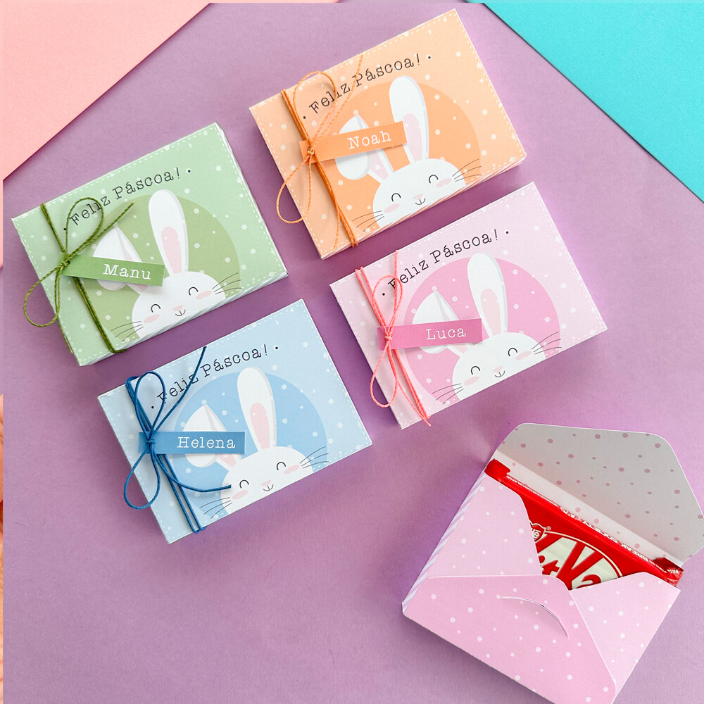 Caixinha Porta KitKat Feliz Páscoa - Coelhinhos Coloridos