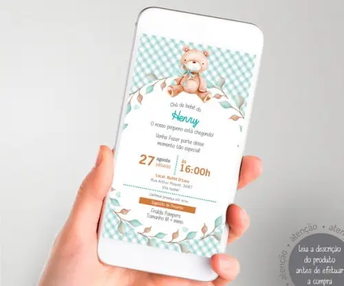 Convite Digital Chá de Bebê Ursinho - Fundo Xadrez Azul