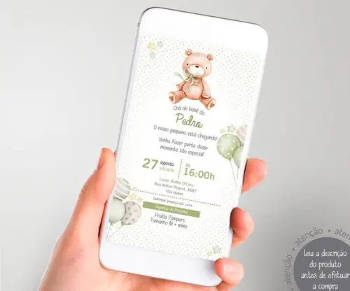 Convite Digital Chá de Bebê Ursinho Balões - Verde