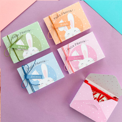 Caixinha Porta KitKat Feliz Páscoa - Coelhinhos Coloridos
