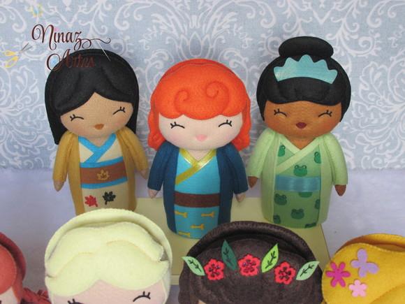 Princesas Kokeshi - Kit com 7 Bonecas em Feltro - Oriental