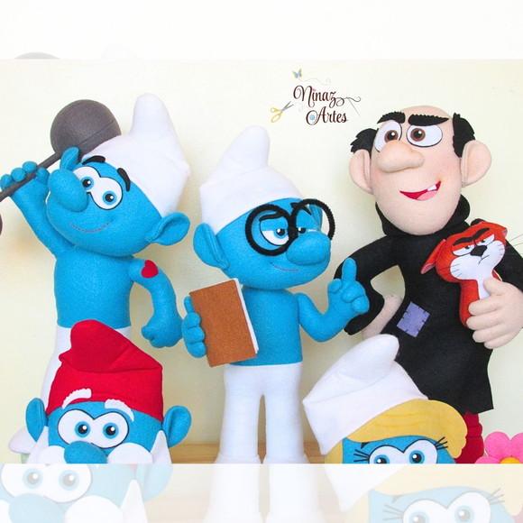 Kit com 7 Personagens decorativos -Tema Os Smurfs