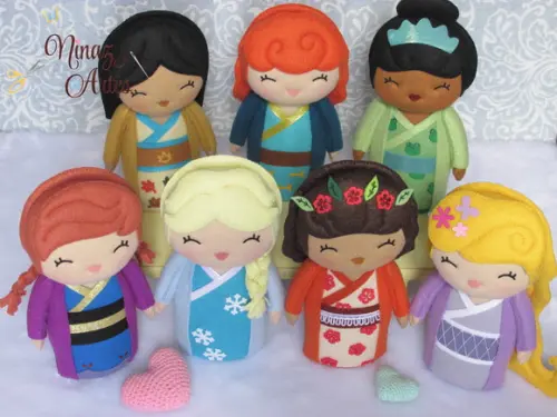 Princesas Kokeshi - Kit com 7 Bonecas em Feltro - Oriental