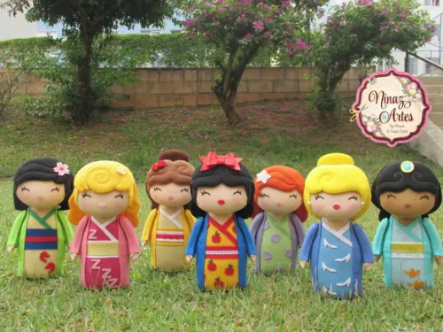 Princesas Kokeshi - Kit com 7 Bonecas - Tema Oriental