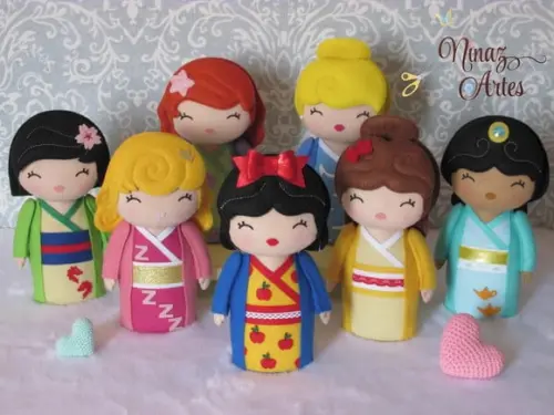 Princesas Kokeshi - Kit com 7 Bonecas - Tema Oriental