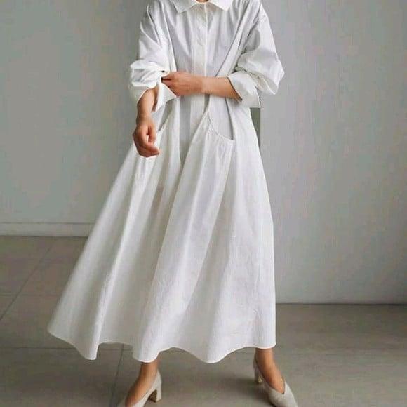 Vestido Branco Chemise Botões Bolsos Manga 3/4 Plus Size