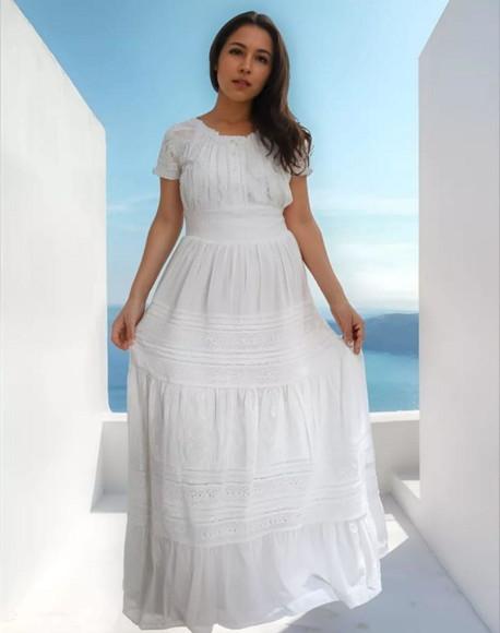 Vestido Longo Algodão Lese Renda Botões Batizado Civil Festa