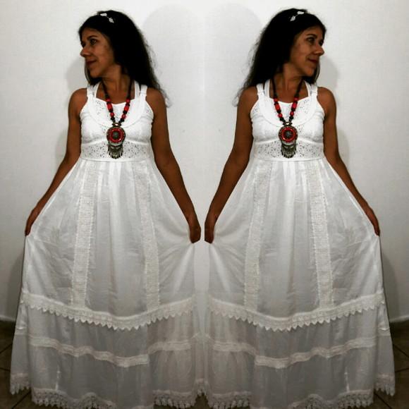 Vestido Longo Algodão Lese Renda Guipir Civil Noivado Festa