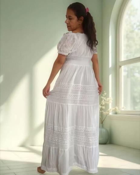 Vestido Longo Algodão Lese Renda Botões Batizado Civil Festa