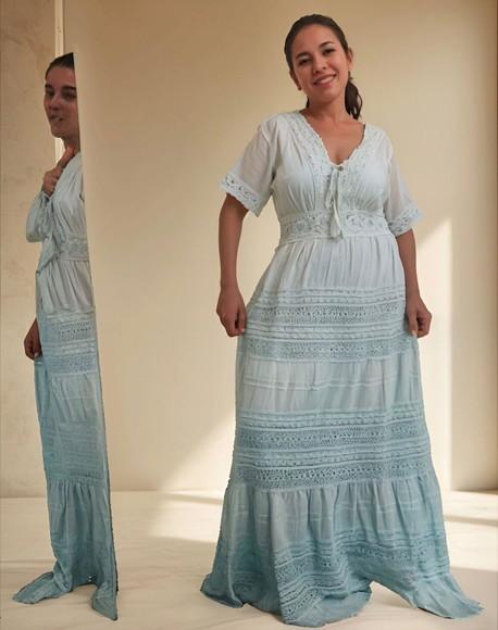 Vestido Longo Algodão Lese Renda Guipir Manga Curta