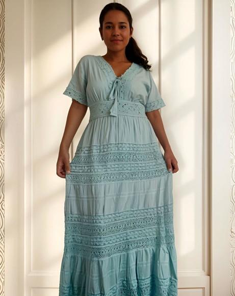 Vestido Longo Algodão Lese Renda Guipir Manga Curta