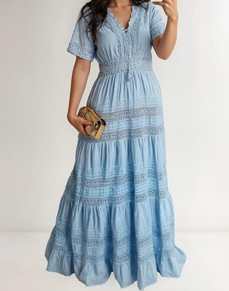 Vestido Longo Algodão Lese Renda Guipir Manga Curta