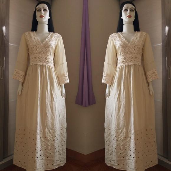 Vestido Longo Algodão Renda Manga Longa Civil Noiva Festa
