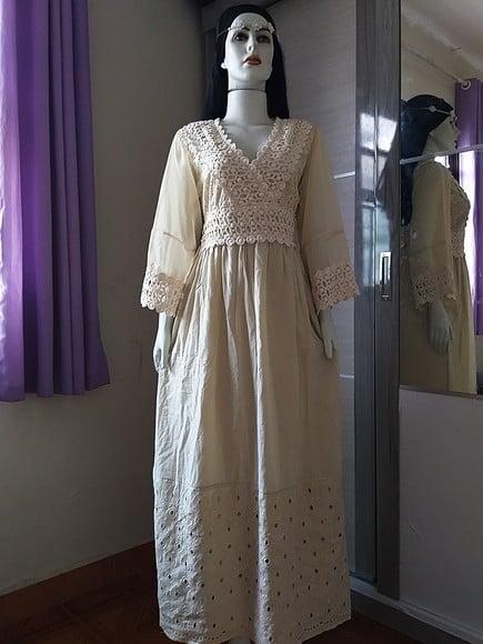 Vestido Longo Algodão Renda Manga Longa Civil Noiva Festa