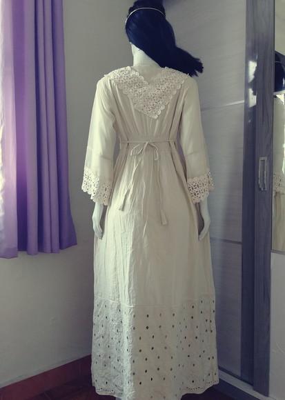 Vestido Longo Algodão Renda Manga Longa Civil Noiva Festa