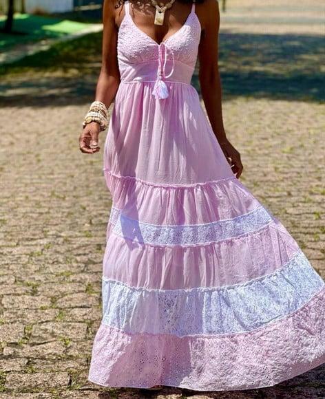 Vestido Longo Bordado Laise Rosa Branco Festa