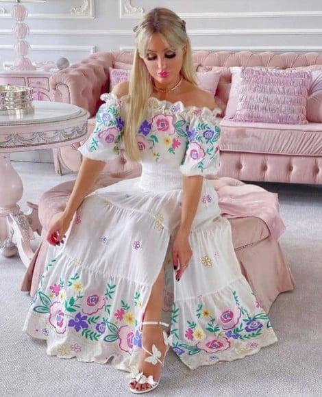 Vestido Longo Bordado Manga Ciganinha Noivado Civil Festa