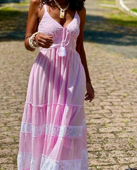 Vestido Longo Bordado Laise Rosa Branco Festa